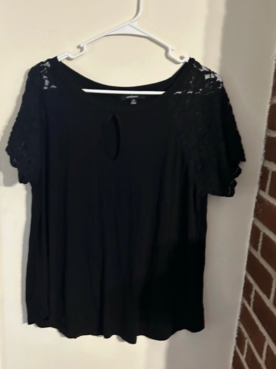 Ambiance Tops - Ambiance Size 3x Black Short Sleeve Top with Lace Shoulders and Front Keyhole